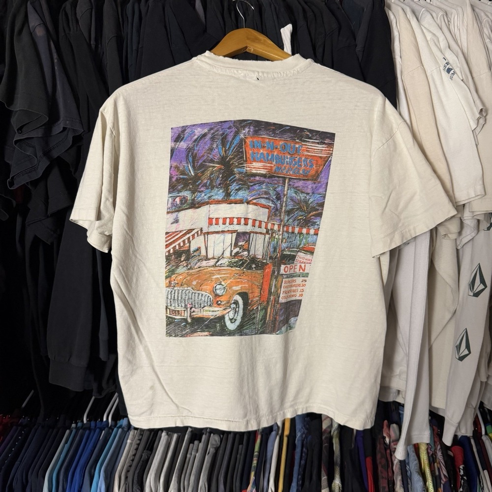 Vintage In-N-Out Burger Shirt Mens Large White Cropped 80s California Distressed